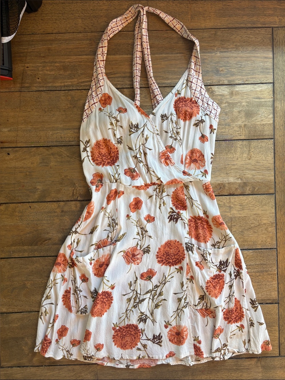Kimchi Blue Cream Halter Mini Dress with Coral Floral Pattern